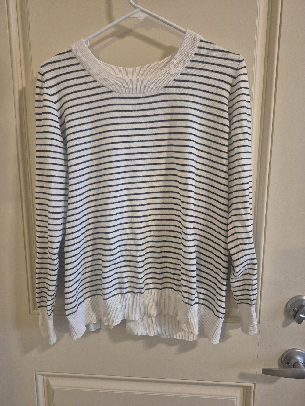 White and Black Striped Crewneck Sweater